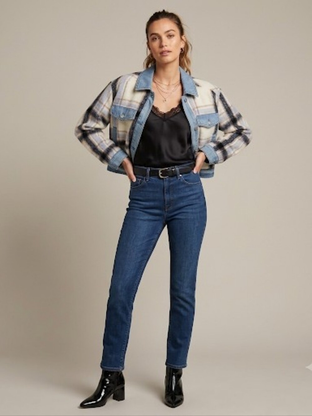 7 For All Mankind Mixed Media Plaid and Denim Trimmed Cropped Jacket Size S